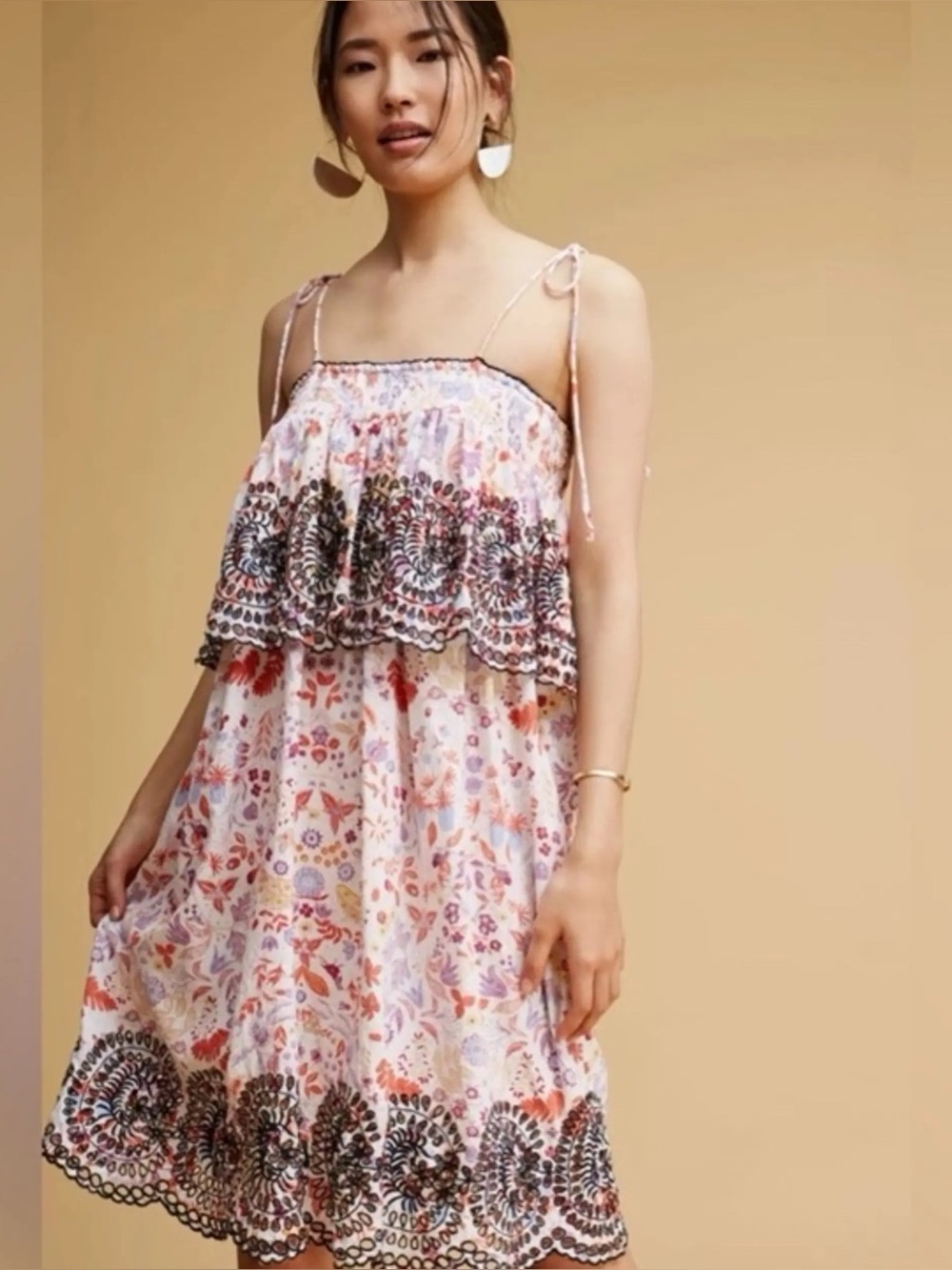 Anthropologie Antik Batik Samsa Eyelet Embroidered Floral Tiered Dress XS Cotton
